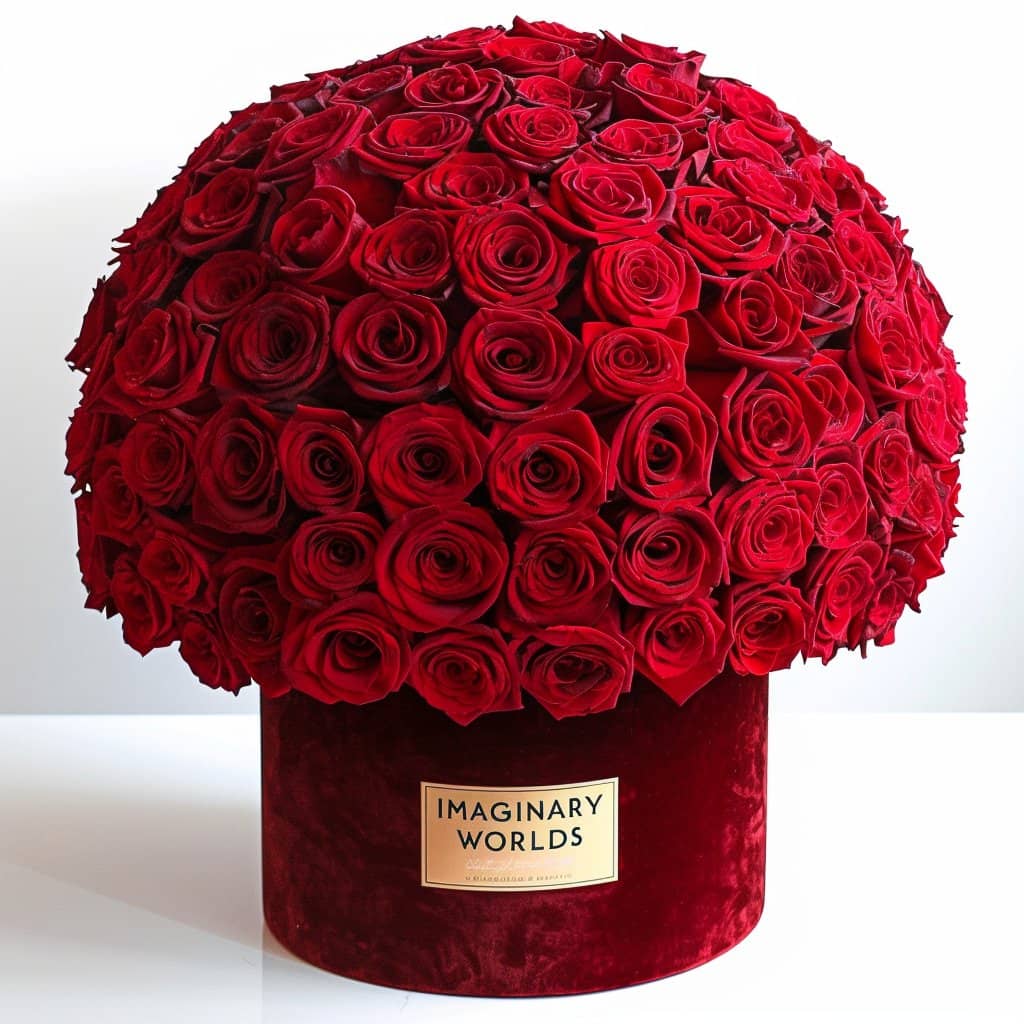 Abundant red preserved rose arrangement in a velvet vessel