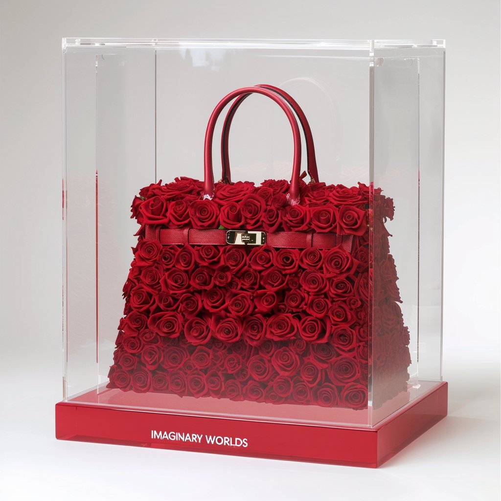 Red preserved rose bag sculpture displayed in a clear case