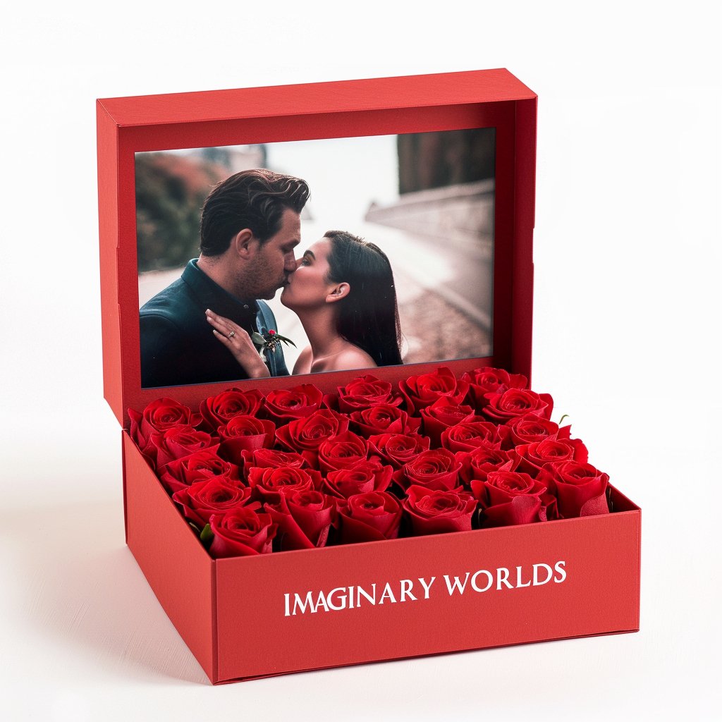 Red preserved rose keepsake box with a personalized photograph