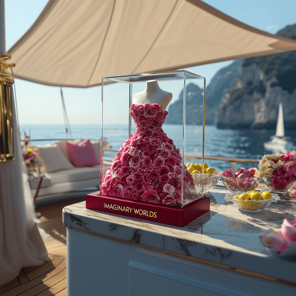 Pink preserved rose dress sculpture displayed in a glass case on a yacht