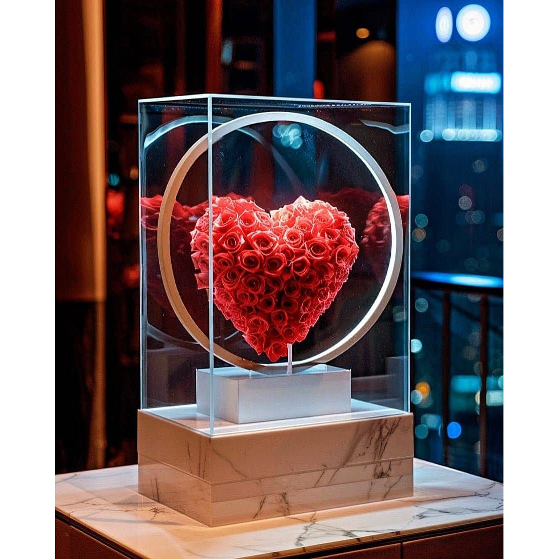 Illuminated preserved rose heart sculpture displayed against city lights at night