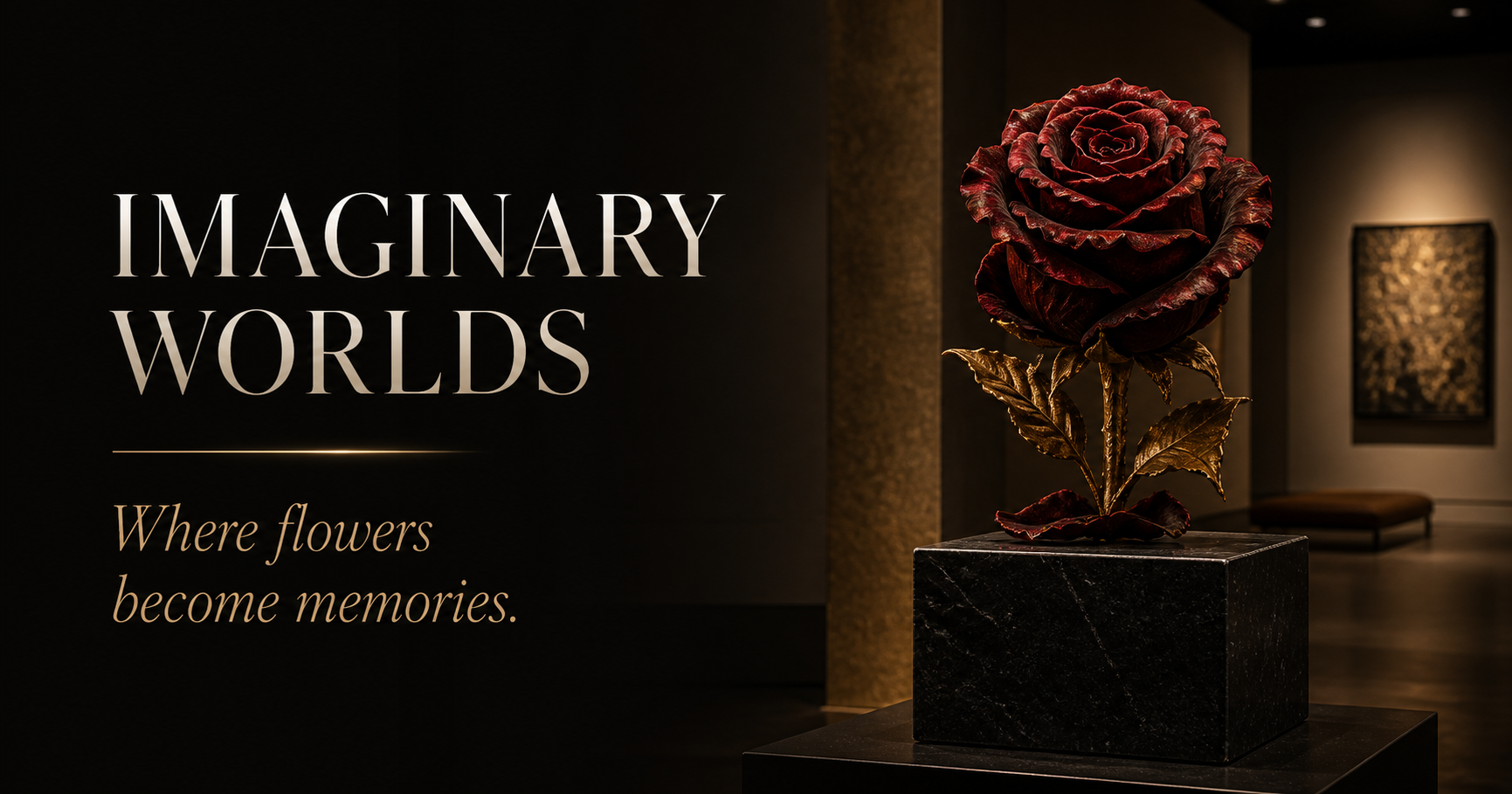 Imaginary Worlds brand banner with a sculptural red rose in a gallery
