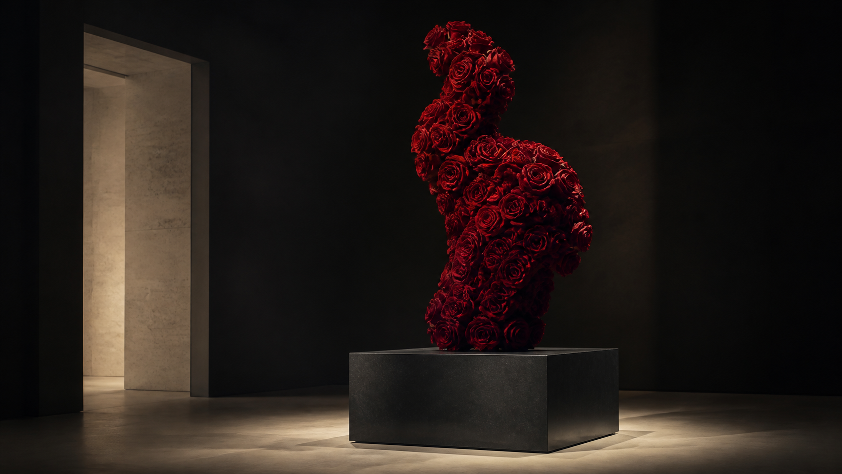 Red preserved rose sculpture displayed on a plinth in a dark gallery